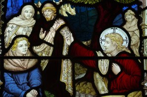 Christ preaching on shores of Lake Galilee. Stained glass.